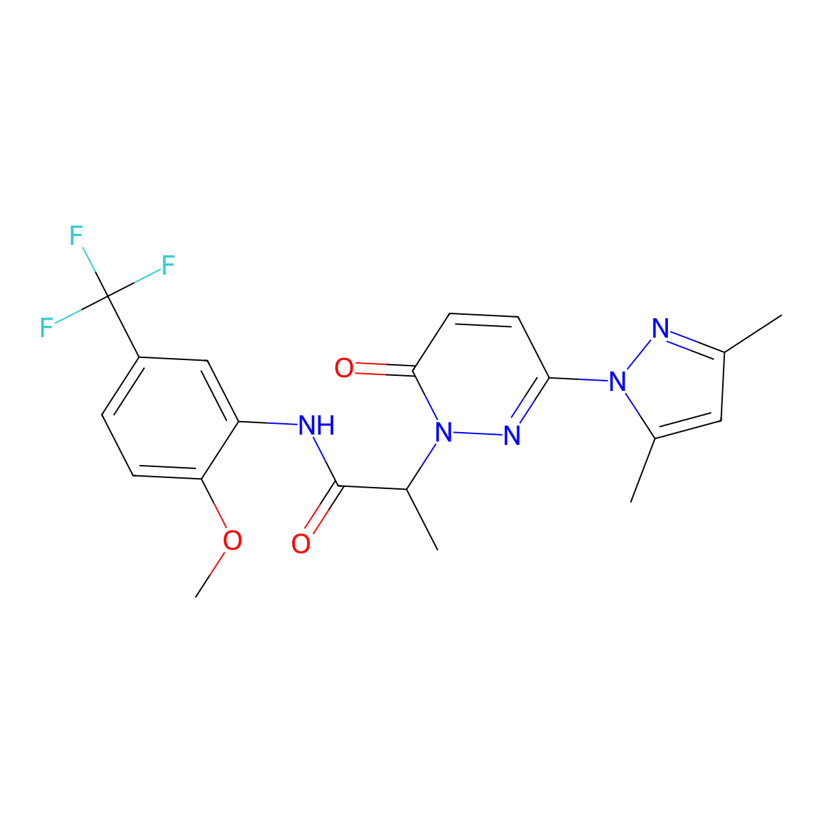 2-(3-(3,5-dimethyl-1H-pyrazol-1-yl)-6-oxopyridazin-1(6H)-yl)-N-(2-methoxy-5-(trifluoromethyl)phenyl)propanamide molecular structure, CAS 1334372-17-6