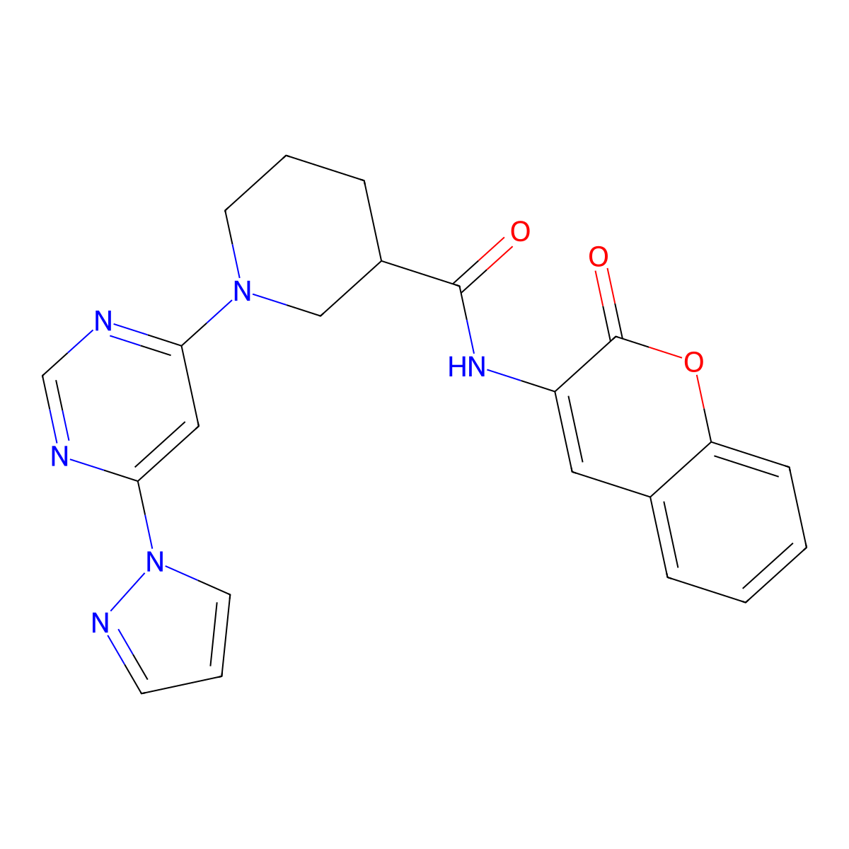 1-(6-(1H-pyrazol-1-yl)pyrimidin-4-yl)-N-(2-oxo-2H-chromen-3-yl)piperidine-3-carboxamide molecular structure, CAS 1334372-22-3