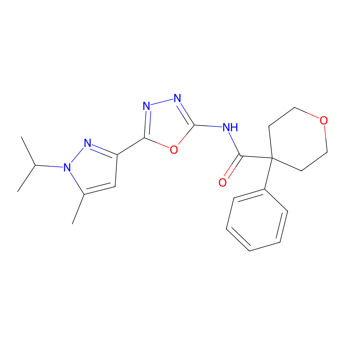 N-(5-(1-isopropyl-5-methyl-1H-pyrazol-3-yl)-1,3,4-oxadiazol-2-yl)-4-phenyltetrahydro-2H-pyran-4-carboxamide molecular structure, CAS 1334372-29-0