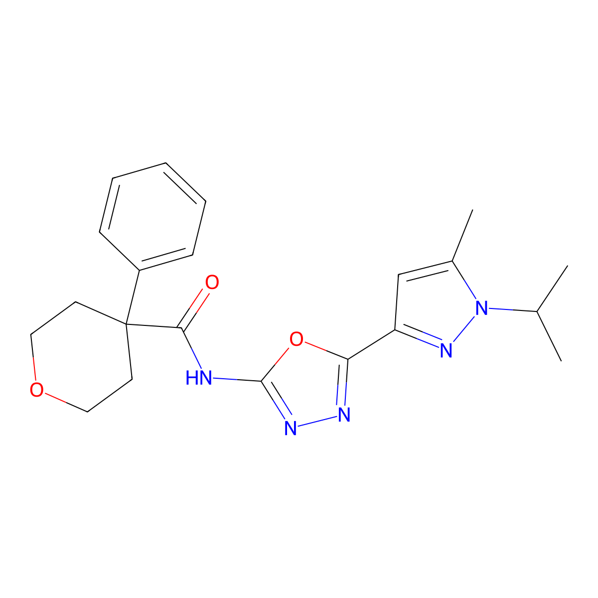 N-(5-(1-isopropyl-5-methyl-1H-pyrazol-3-yl)-1,3,4-oxadiazol-2-yl)-4-phenyltetrahydro-2H-pyran-4-carboxamide molecular structure, CAS 1334372-29-0