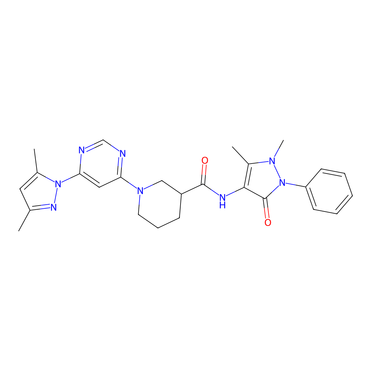 1-(6-(3,5-dimethyl-1H-pyrazol-1-yl)pyrimidin-4-yl)-N-(1,5-dimethyl-3-oxo-2-phenyl-2,3-dihydro-1H-pyrazol-4-yl)piperidine-3-carboxamide molecular structure, CAS 1334372-34-7