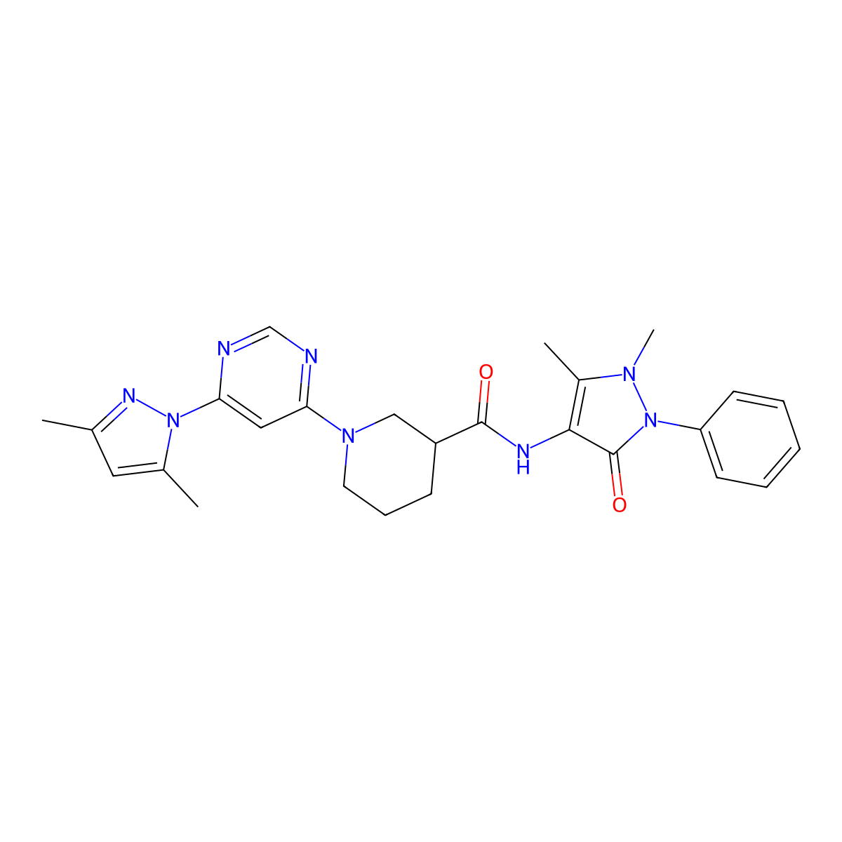 1-(6-(3,5-dimethyl-1H-pyrazol-1-yl)pyrimidin-4-yl)-N-(1,5-dimethyl-3-oxo-2-phenyl-2,3-dihydro-1H-pyrazol-4-yl)piperidine-3-carboxamide molecular structure, CAS 1334372-34-7