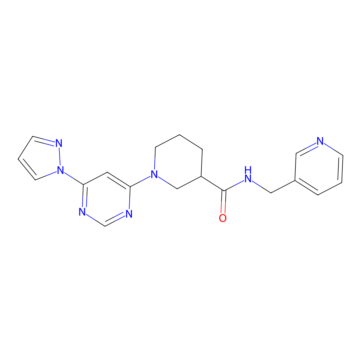 1-(6-(1H-pyrazol-1-yl)pyrimidin-4-yl)-N-(pyridin-3-ylmethyl)piperidine-3-carboxamide molecular structure, CAS 1334372-38-1