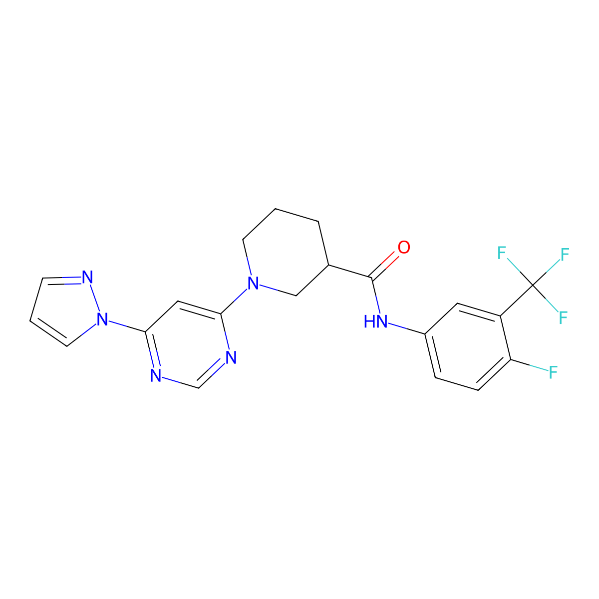 1-(6-(1H-pyrazol-1-yl)pyrimidin-4-yl)-N-(4-fluoro-3-(trifluoromethyl)phenyl)piperidine-3-carboxamide molecular structure, CAS 1334372-64-3