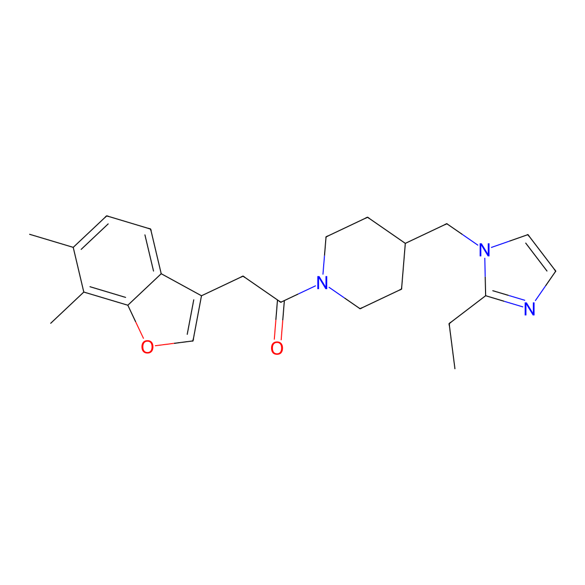 2-(6,7-dimethylbenzofuran-3-yl)-1-(4-((2-ethyl-1H-imidazol-1-yl)methyl)piperidin-1-yl)ethanone molecular structure, CAS 1334372-83-6