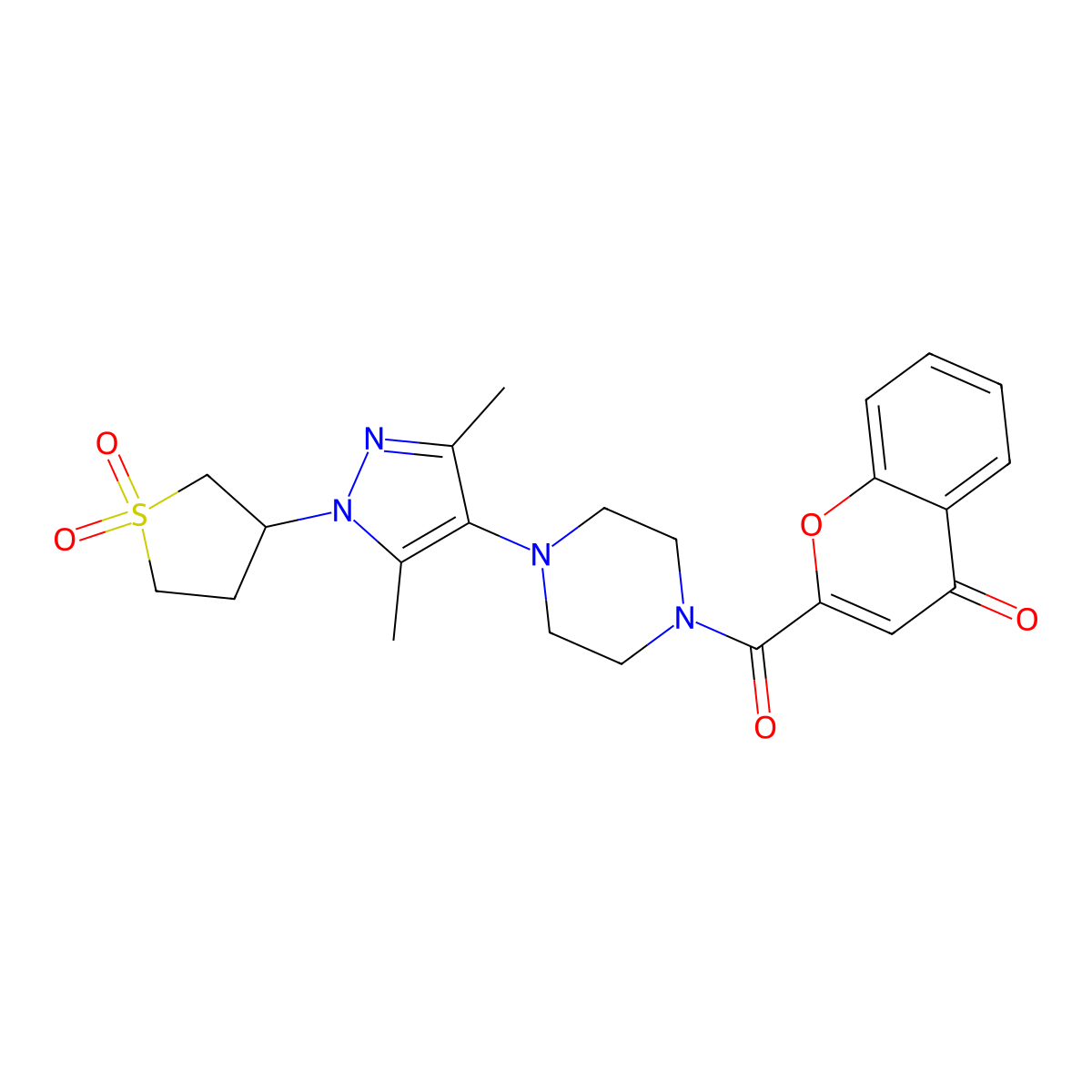 2-(4-(1-(1,1-dioxidotetrahydrothiophen-3-yl)-3,5-dimethyl-1H-pyrazol-4-yl)piperazine-1-carbonyl)-4H-chromen-4-one molecular structure, CAS 1334372-98-3