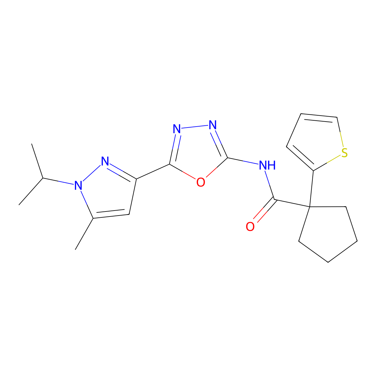 N-(5-(1-isopropyl-5-methyl-1H-pyrazol-3-yl)-1,3,4-oxadiazol-2-yl)-1-(thiophen-2-yl)cyclopentanecarboxamide molecular structure, CAS 1334373-06-6