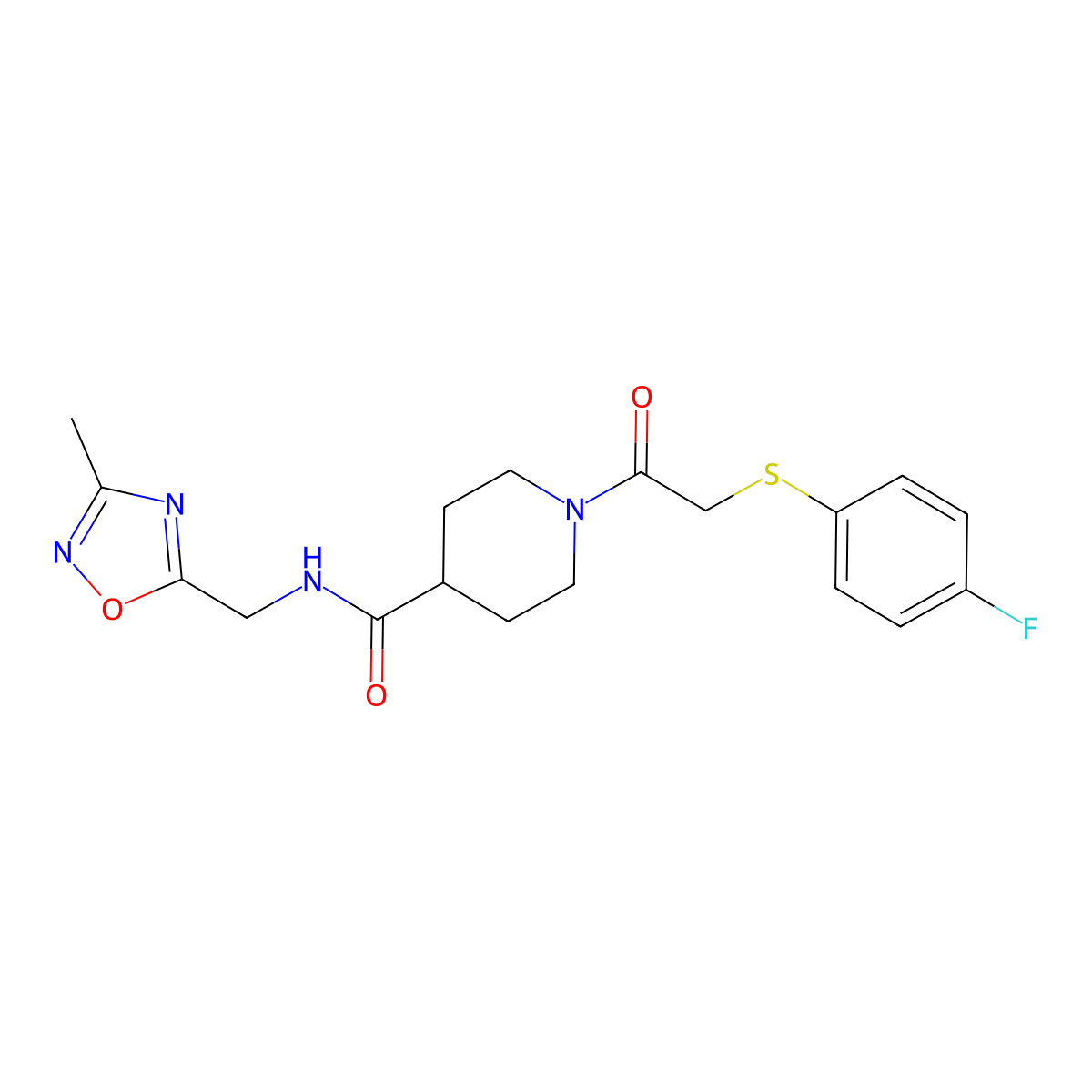 1-(2-((4-fluorophenyl)thio)acetyl)-N-((3-methyl-1,2,4-oxadiazol-5-yl)methyl)piperidine-4-carboxamide molecular structure, CAS 1334373-09-9