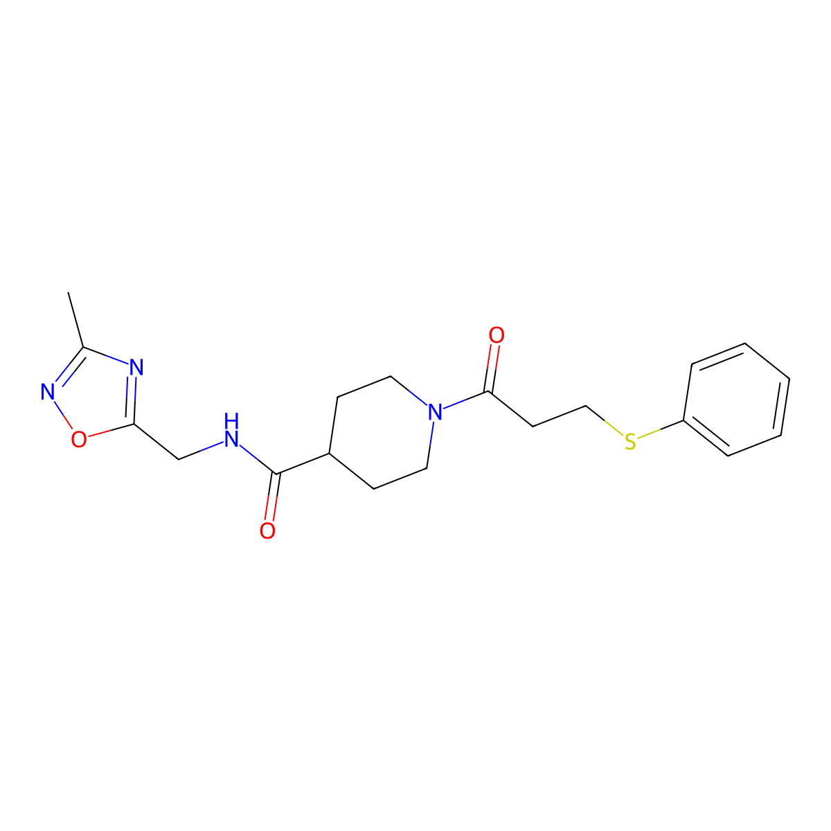 N-((3-methyl-1,2,4-oxadiazol-5-yl)methyl)-1-(3-(phenylthio)propanoyl)piperidine-4-carboxamide molecular structure, CAS 1334373-11-3