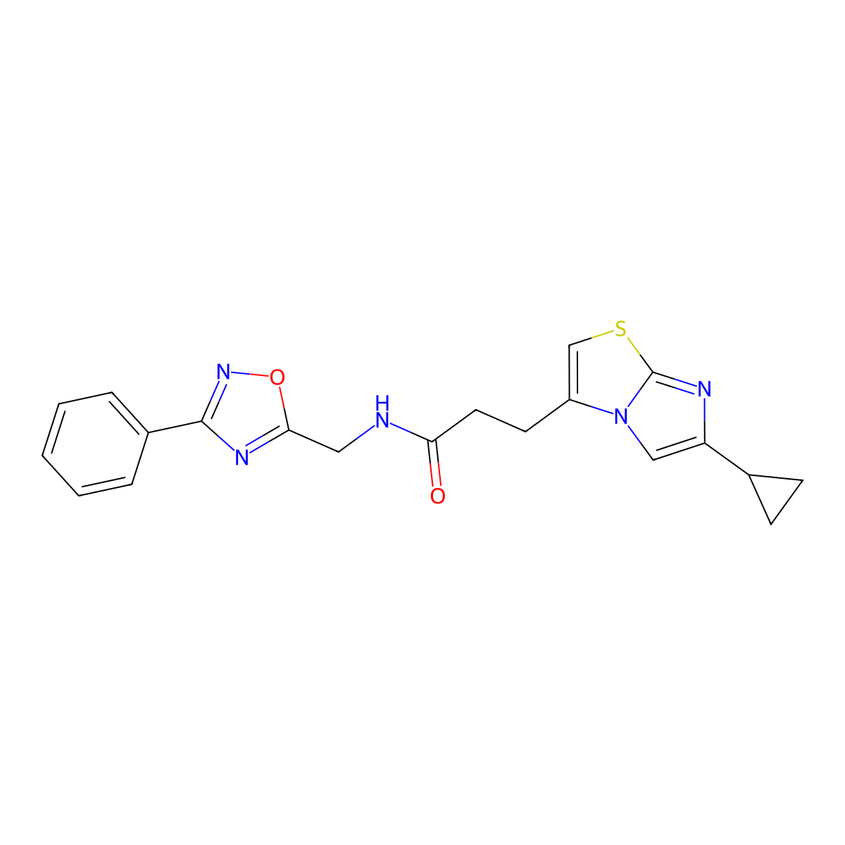 3-(6-cyclopropylimidazo[2,1-b]thiazol-3-yl)-N-((3-phenyl-1,2,4-oxadiazol-5-yl)methyl)propanamide molecular structure, CAS 1334373-13-5