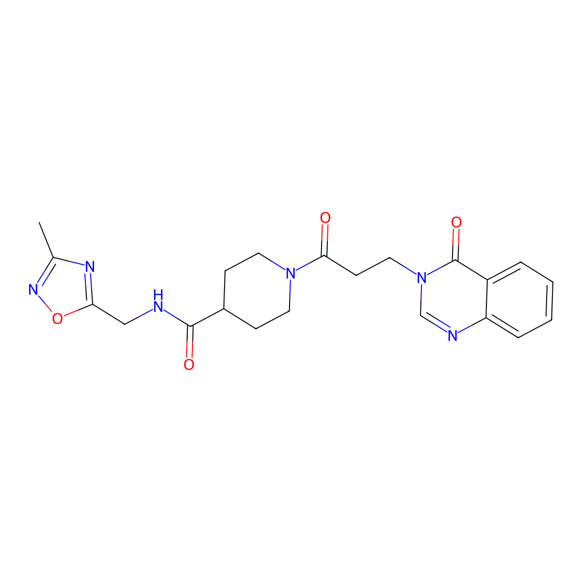 N-((3-methyl-1,2,4-oxadiazol-5-yl)methyl)-1-(3-(4-oxoquinazolin-3(4H)-yl)propanoyl)piperidine-4-carboxamide molecular structure, CAS 1334373-14-6