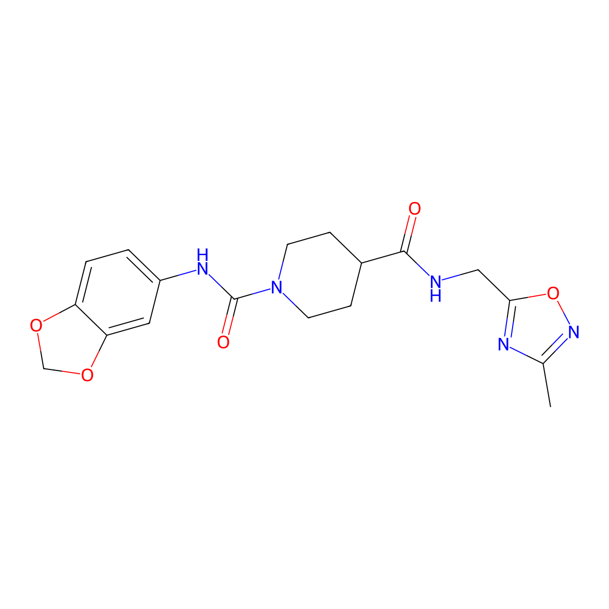 N1-(benzo[d][1,3]dioxol-5-yl)-N4-((3-methyl-1,2,4-oxadiazol-5-yl)methyl)piperidine-1,4-dicarboxamide molecular structure, CAS 1334373-21-5