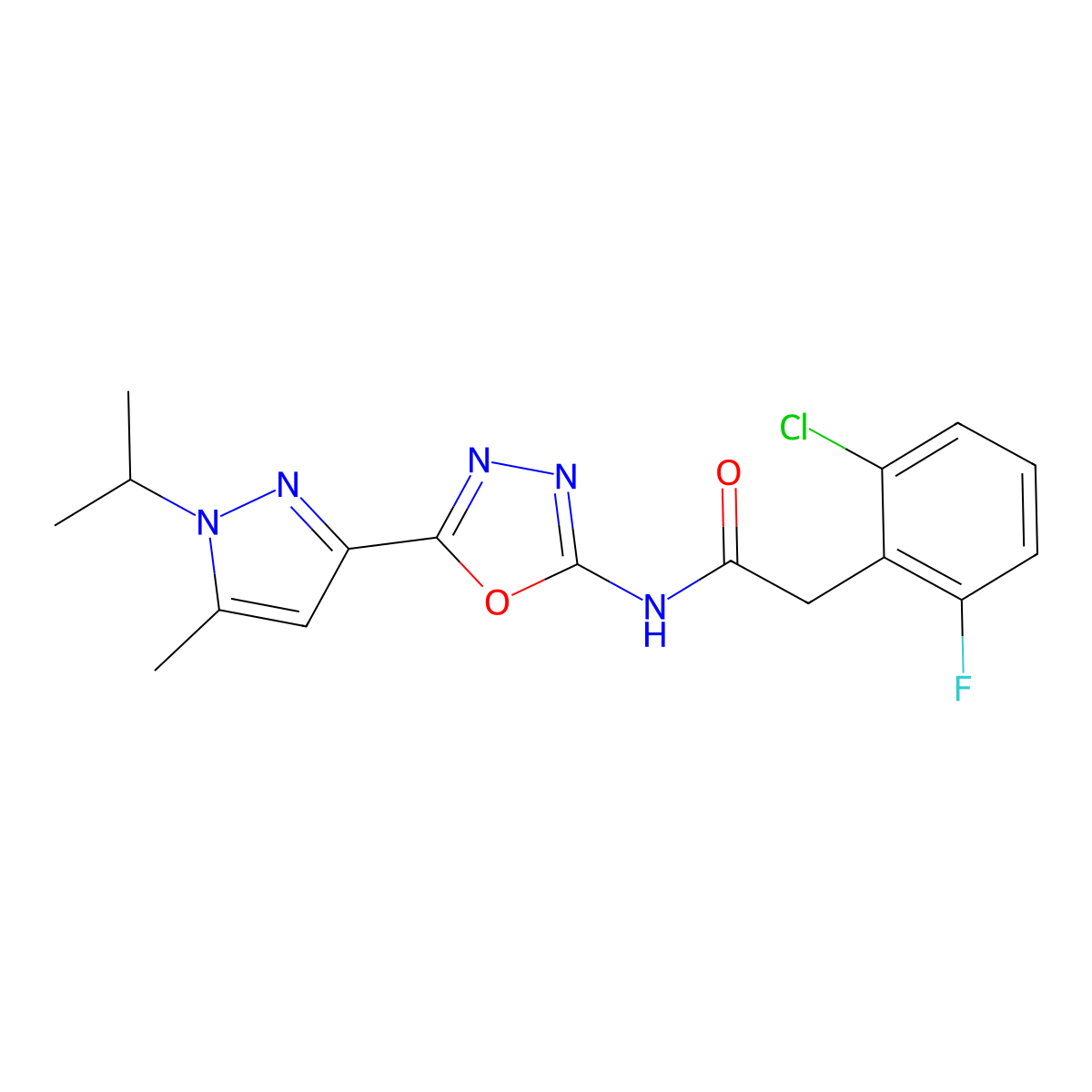 2-(2-chloro-6-fluorophenyl)-N-(5-(1-isopropyl-5-methyl-1H-pyrazol-3-yl)-1,3,4-oxadiazol-2-yl)acetamide molecular structure, CAS 1334373-22-6