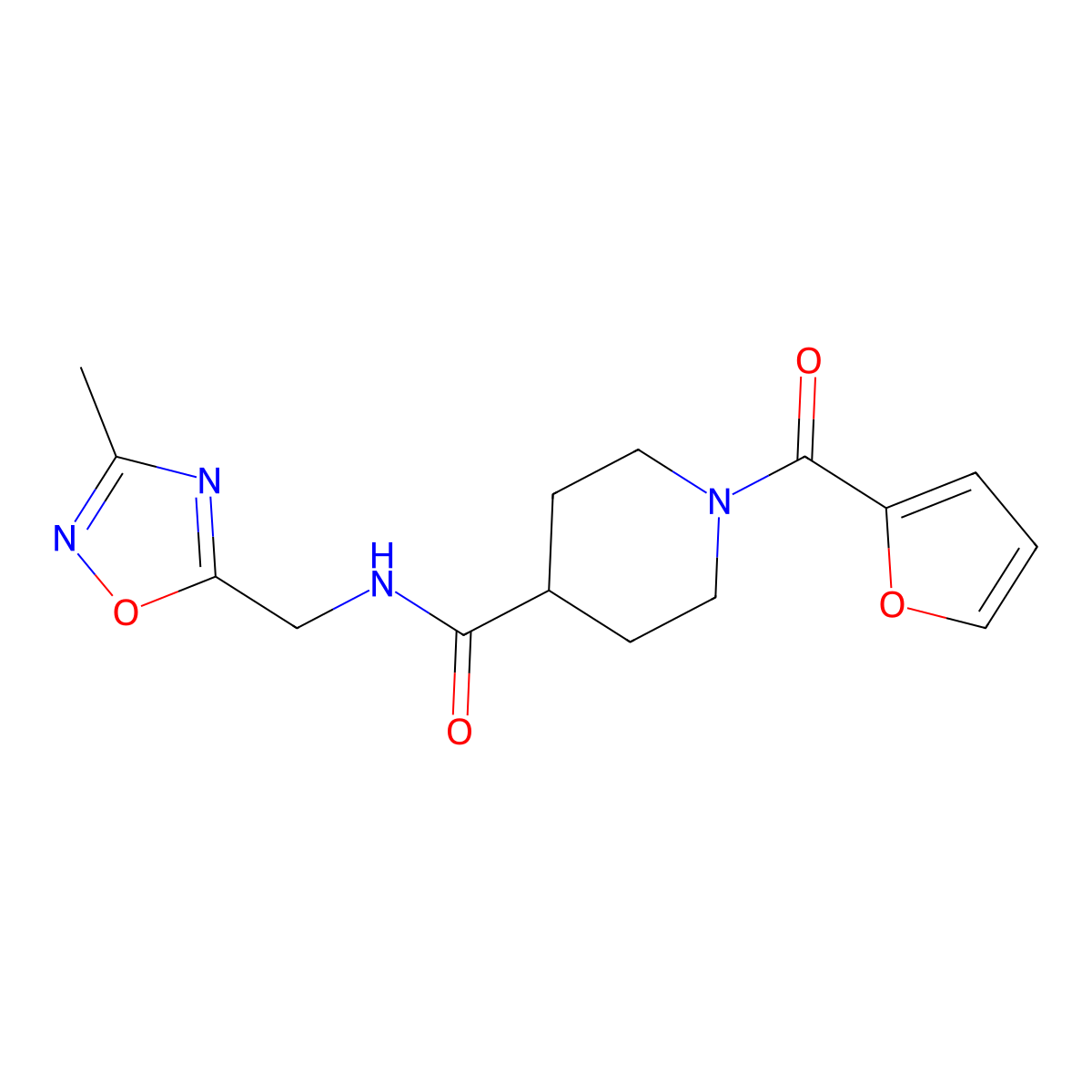 1-(furan-2-carbonyl)-N-((3-methyl-1,2,4-oxadiazol-5-yl)methyl)piperidine-4-carboxamide molecular structure, CAS 1334373-23-7