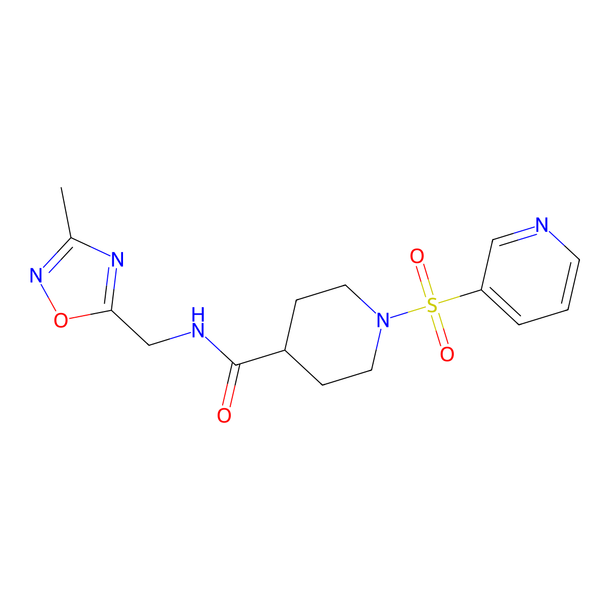 N-((3-methyl-1,2,4-oxadiazol-5-yl)methyl)-1-(pyridin-3-ylsulfonyl)piperidine-4-carboxamide molecular structure, CAS 1334373-29-3
