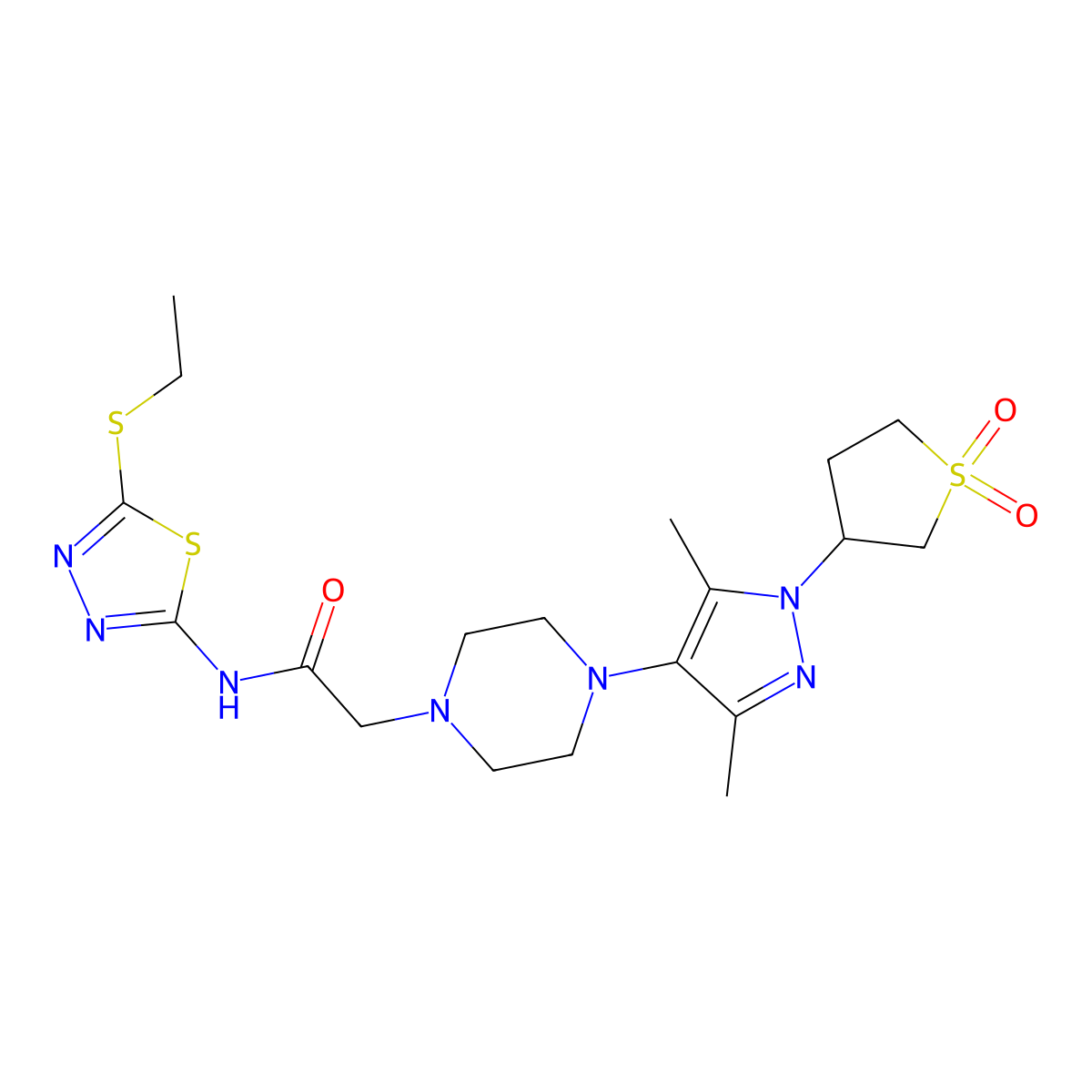 2-(4-(1-(1,1-dioxidotetrahydrothiophen-3-yl)-3,5-dimethyl-1H-pyrazol-4-yl)piperazin-1-yl)-N-(5-(ethylthio)-1,3,4-thiadiazol-2-yl)acetamide molecular structure, CAS 1334373-38-4