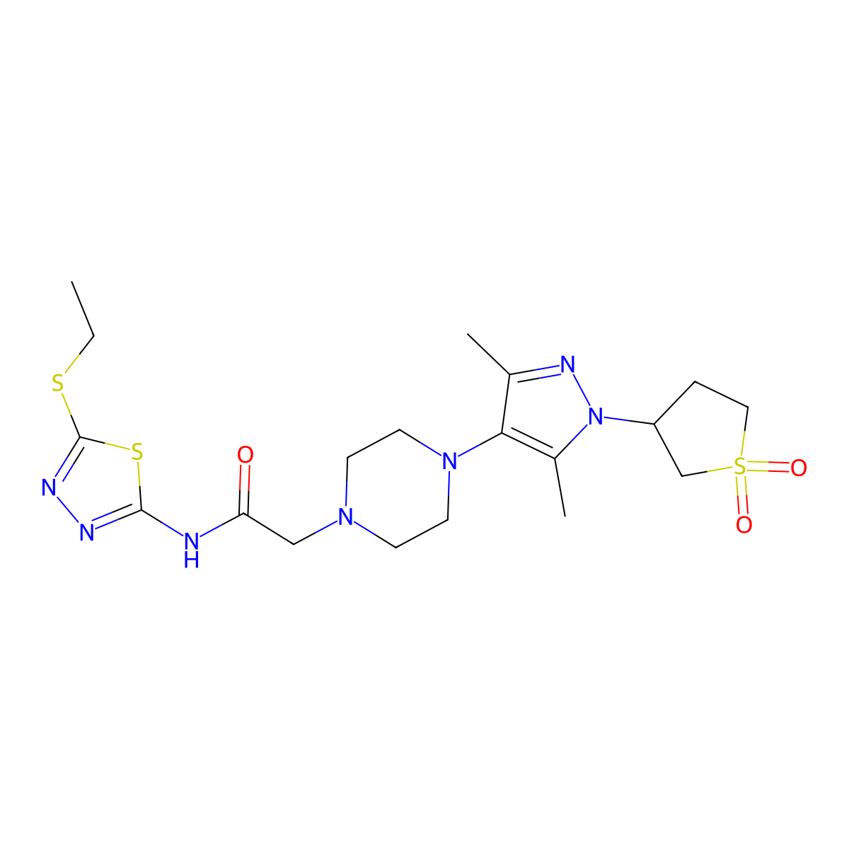 2-(4-(1-(1,1-dioxidotetrahydrothiophen-3-yl)-3,5-dimethyl-1H-pyrazol-4-yl)piperazin-1-yl)-N-(5-(ethylthio)-1,3,4-thiadiazol-2-yl)acetamide molecular structure, CAS 1334373-38-4