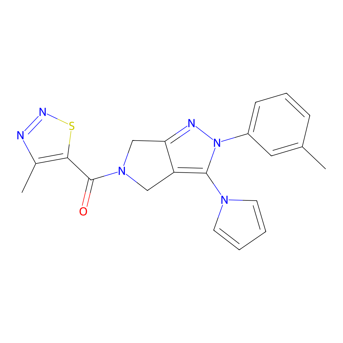 (3-(1H-pyrrol-1-yl)-2-(m-tolyl)pyrrolo[3,4-c]pyrazol-5(2H,4H,6H)-yl)(4-methyl-1,2,3-thiadiazol-5-yl)methanone molecular structure, CAS 1334373-45-3
