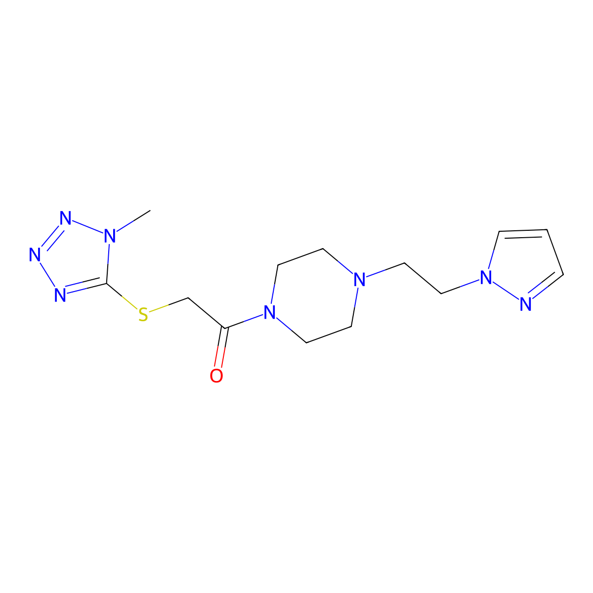 1-(4-(2-(1H-pyrazol-1-yl)ethyl)piperazin-1-yl)-2-((1-methyl-1H-tetrazol-5-yl)thio)ethanone molecular structure, CAS 1334373-51-1