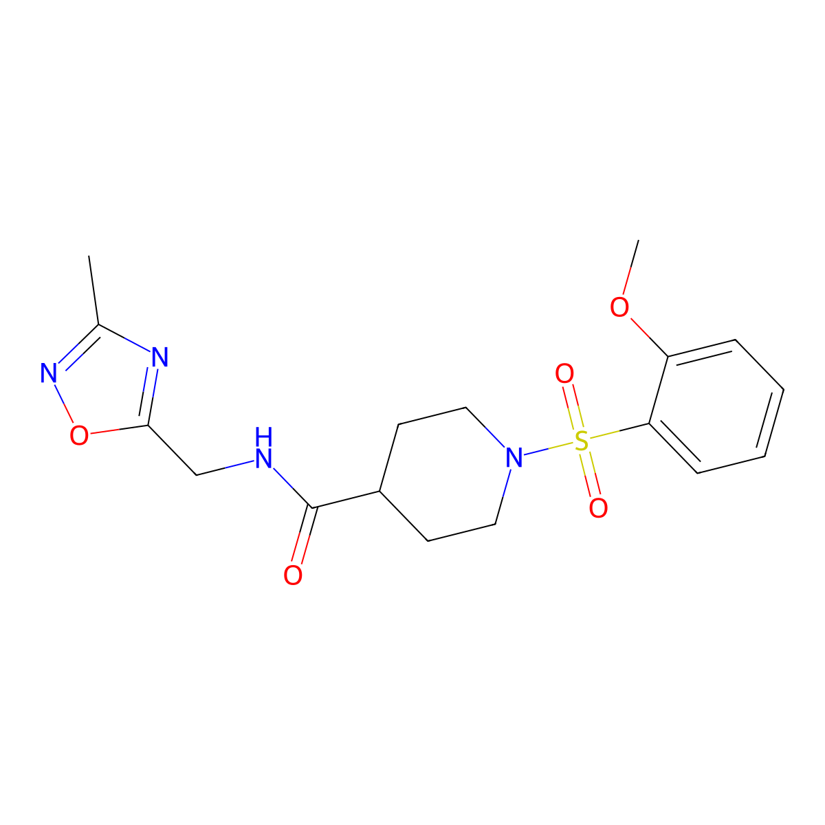1-((2-methoxyphenyl)sulfonyl)-N-((3-methyl-1,2,4-oxadiazol-5-yl)methyl)piperidine-4-carboxamide molecular structure, CAS 1334373-57-7