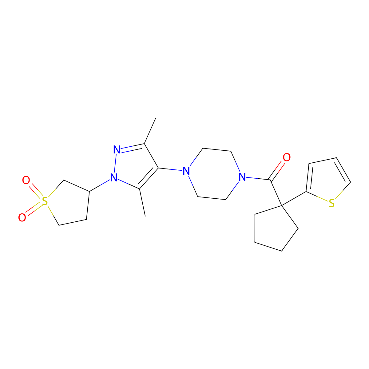 (4-(1-(1,1-dioxidotetrahydrothiophen-3-yl)-3,5-dimethyl-1H-pyrazol-4-yl)piperazin-1-yl)(1-(thiophen-2-yl)cyclopentyl)methanone molecular structure, CAS 1334373-60-2
