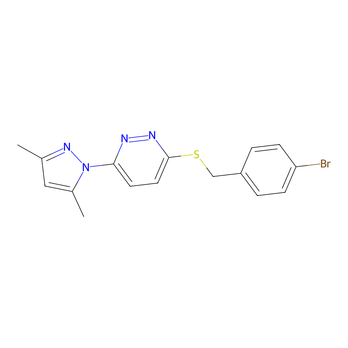 3-((4-bromobenzyl)thio)-6-(3,5-dimethyl-1H-pyrazol-1-yl)pyridazine molecular structure, CAS 1334373-75-9
