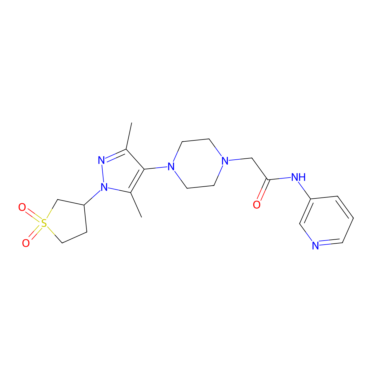 2-(4-(1-(1,1-dioxidotetrahydrothiophen-3-yl)-3,5-dimethyl-1H-pyrazol-4-yl)piperazin-1-yl)-N-(pyridin-3-yl)acetamide molecular structure, CAS 1334374-06-9