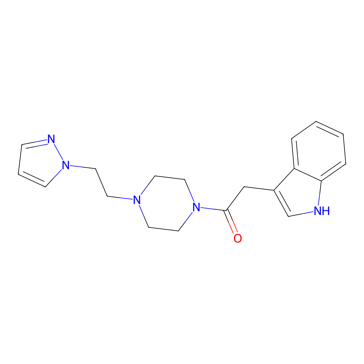 1-(4-(2-(1H-pyrazol-1-yl)ethyl)piperazin-1-yl)-2-(1H-indol-3-yl)ethanone molecular structure, CAS 1334374-07-0