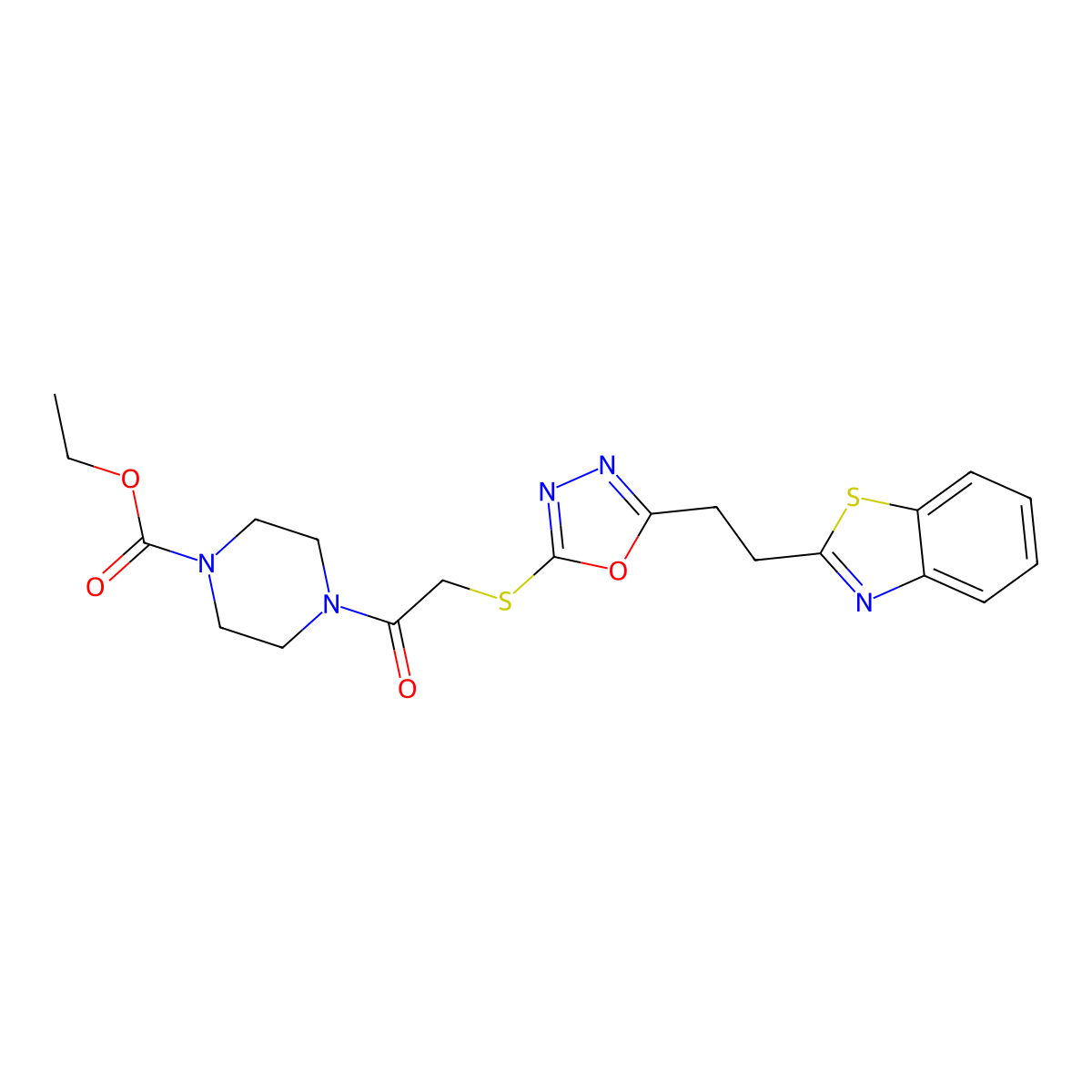 Ethyl 4-(2-((5-(2-(benzo[d]thiazol-2-yl)ethyl)-1,3,4-oxadiazol-2-yl)thio)acetyl)piperazine-1-carboxylate molecular structure, CAS 1334374-09-2