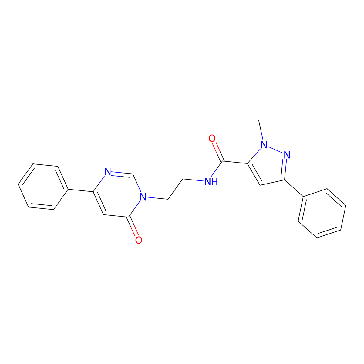 1-methyl-N-(2-(6-oxo-4-phenylpyrimidin-1(6H)-yl)ethyl)-3-phenyl-1H-pyrazole-5-carboxamide molecular structure, CAS 1334374-31-0