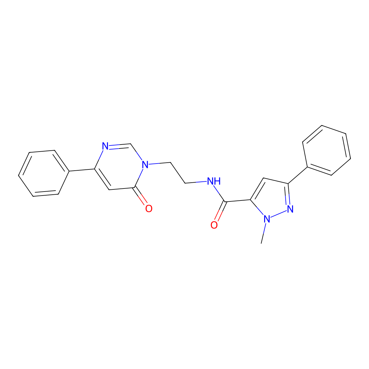 1-methyl-N-(2-(6-oxo-4-phenylpyrimidin-1(6H)-yl)ethyl)-3-phenyl-1H-pyrazole-5-carboxamide molecular structure, CAS 1334374-31-0