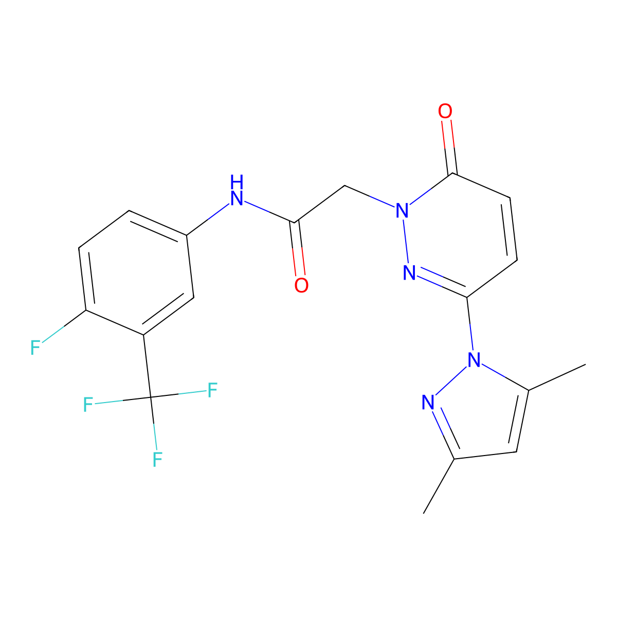 2-(3-(3,5-dimethyl-1H-pyrazol-1-yl)-6-oxopyridazin-1(6H)-yl)-N-(4-fluoro-3-(trifluoromethyl)phenyl)acetamide molecular structure, CAS 1334374-39-8