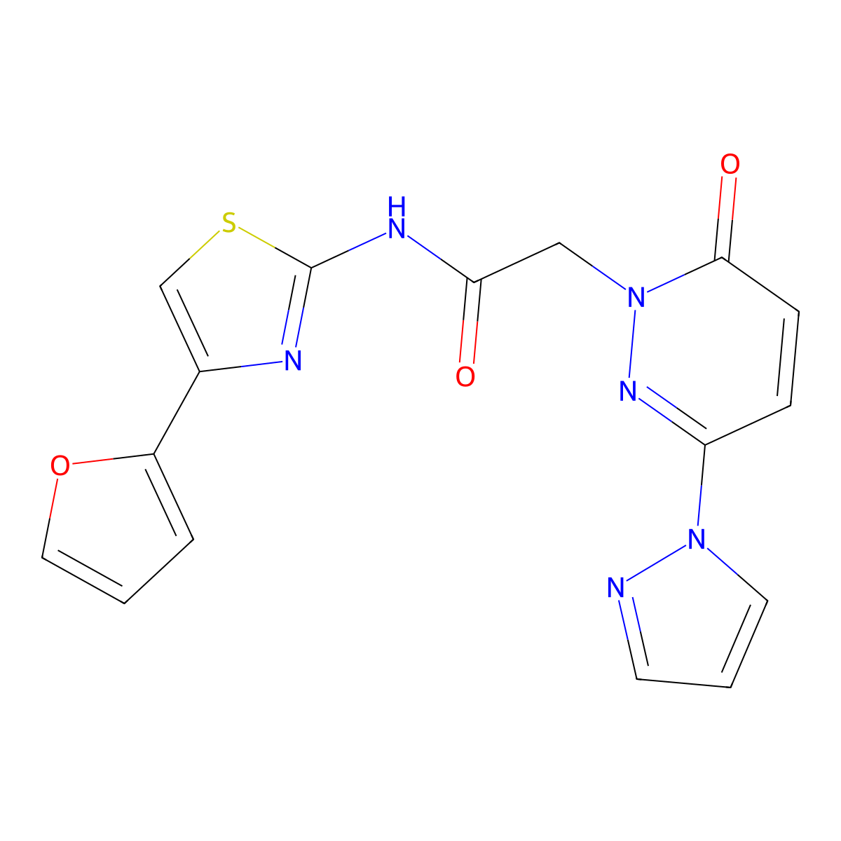 N-(4-(furan-2-yl)thiazol-2-yl)-2-(6-oxo-3-(1H-pyrazol-1-yl)pyridazin-1(6H)-yl)acetamide molecular structure, CAS 1334374-41-2
