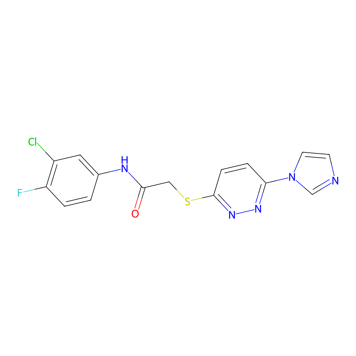 2-((6-(1H-imidazol-1-yl)pyridazin-3-yl)thio)-N-(3-chloro-4-fluorophenyl)acetamide molecular structure, CAS 1334374-54-7
