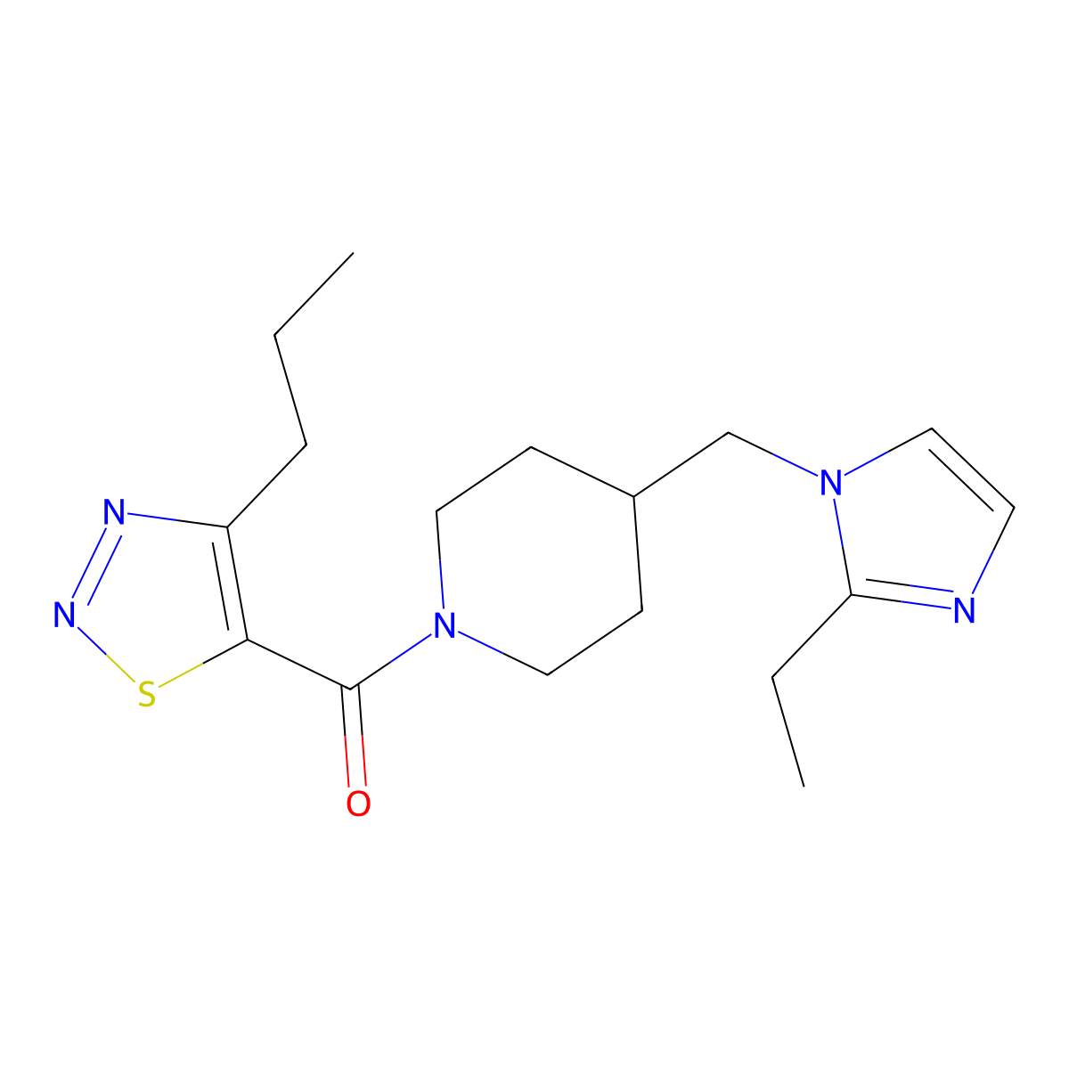 (4-((2-ethyl-1H-imidazol-1-yl)methyl)piperidin-1-yl)(4-propyl-1,2,3-thiadiazol-5-yl)methanone molecular structure, CAS 1334374-57-0