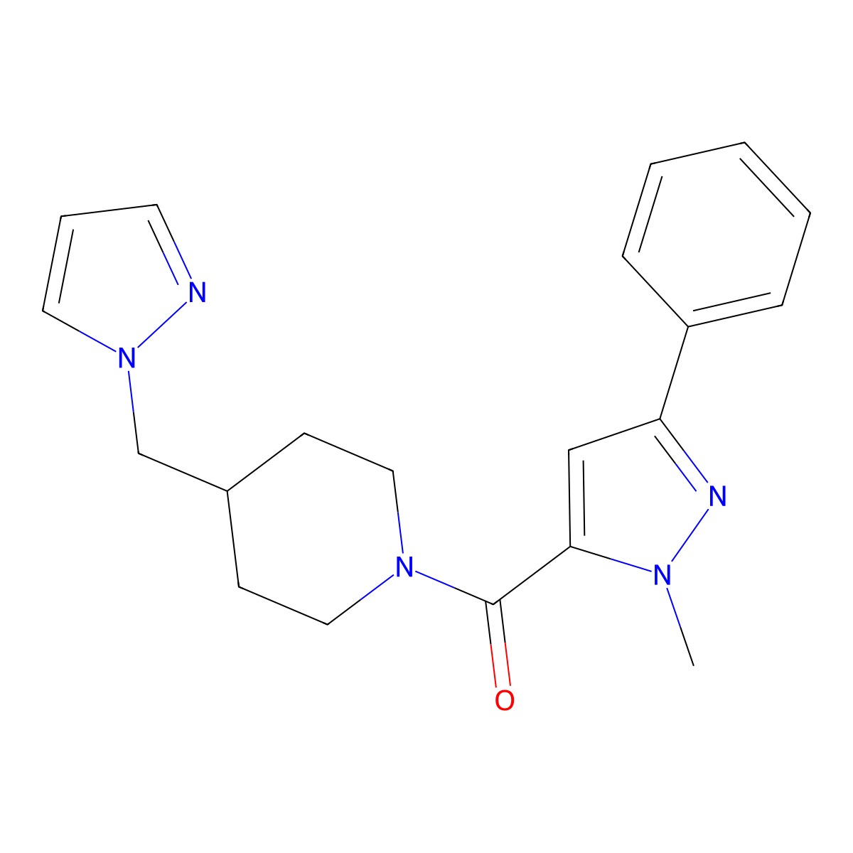 (4-((1H-pyrazol-1-yl)methyl)piperidin-1-yl)(1-methyl-3-phenyl-1H-pyrazol-5-yl)methanone molecular structure, CAS 1334374-64-9