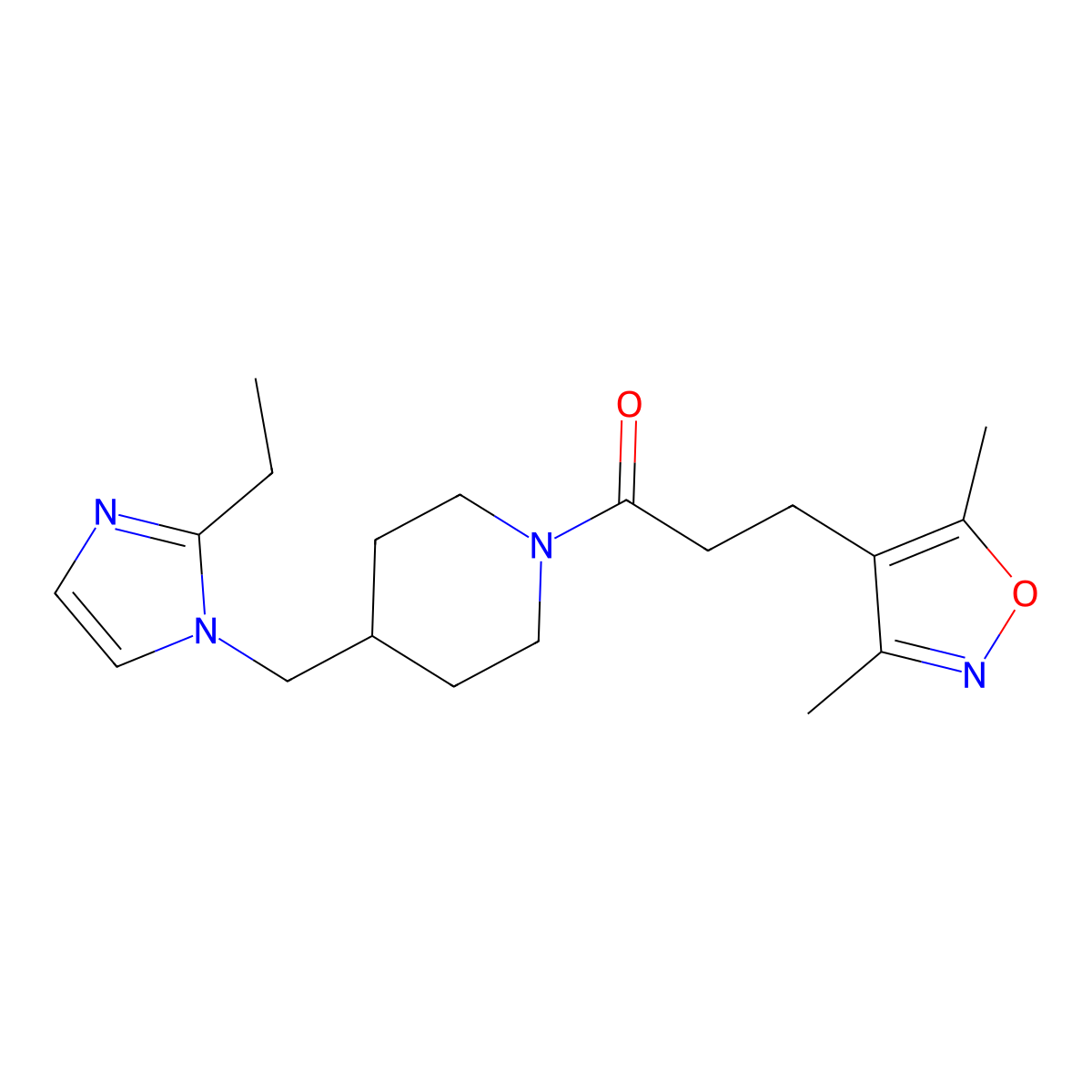 3-(3,5-dimethylisoxazol-4-yl)-1-(4-((2-ethyl-1H-imidazol-1-yl)methyl)piperidin-1-yl)propan-1-one molecular structure, CAS 1334374-75-2