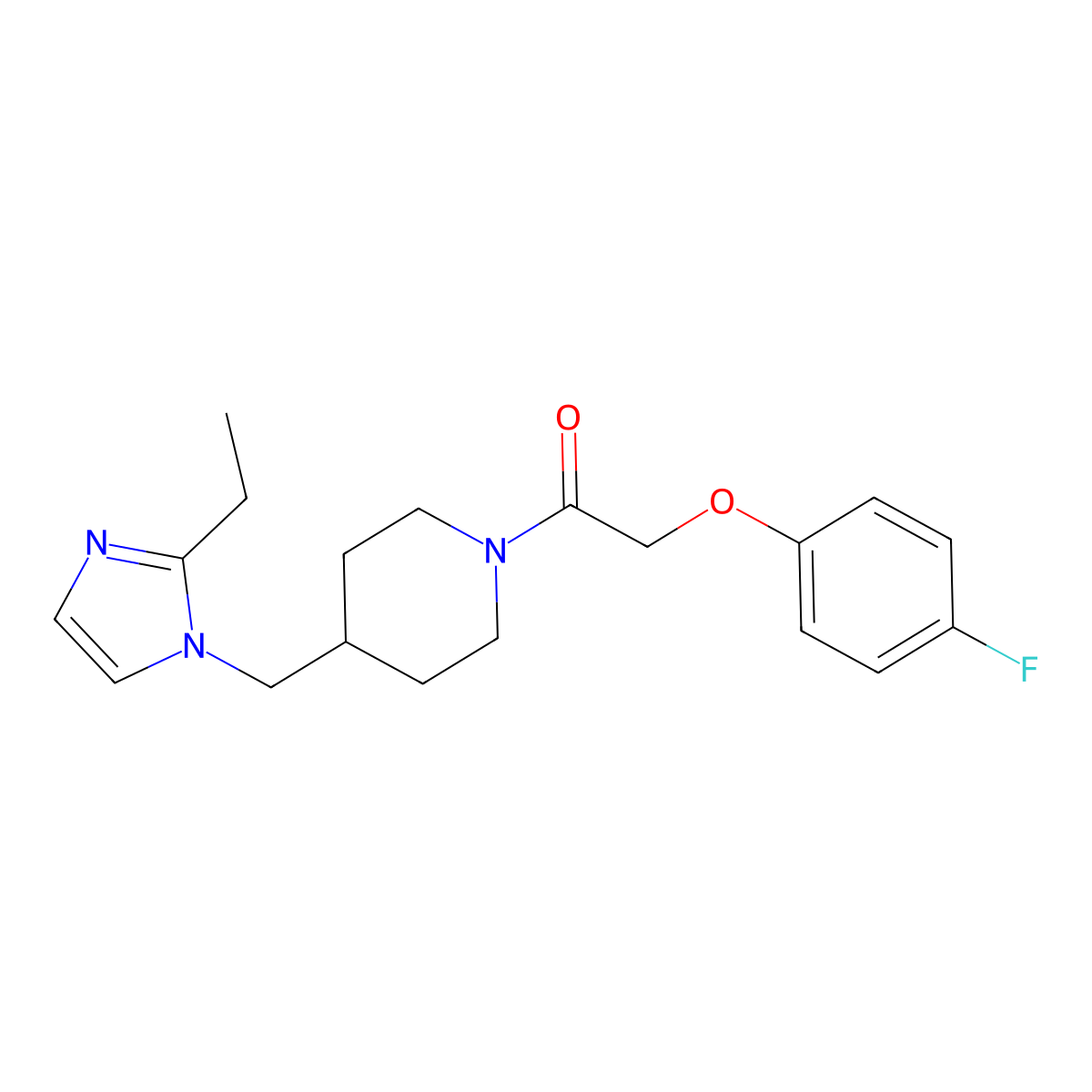 1-(4-((2-ethyl-1H-imidazol-1-yl)methyl)piperidin-1-yl)-2-(4-fluorophenoxy)ethanone molecular structure, CAS 1334374-77-4