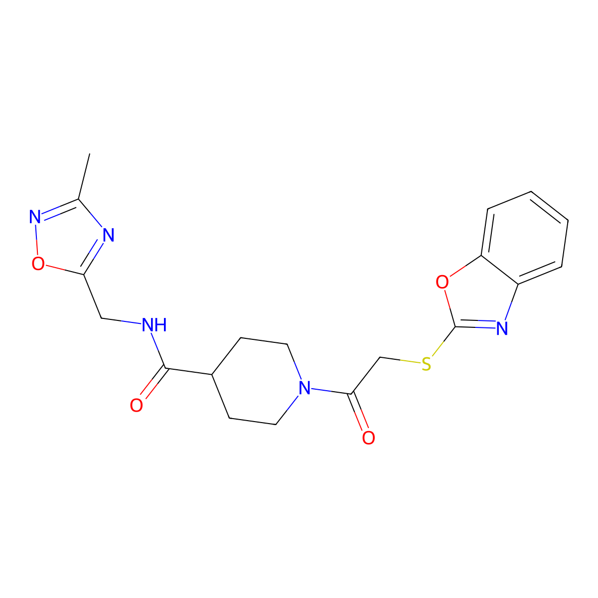 1-(2-(benzo[d]oxazol-2-ylthio)acetyl)-N-((3-methyl-1,2,4-oxadiazol-5-yl)methyl)piperidine-4-carboxamide molecular structure, CAS 1334374-86-5