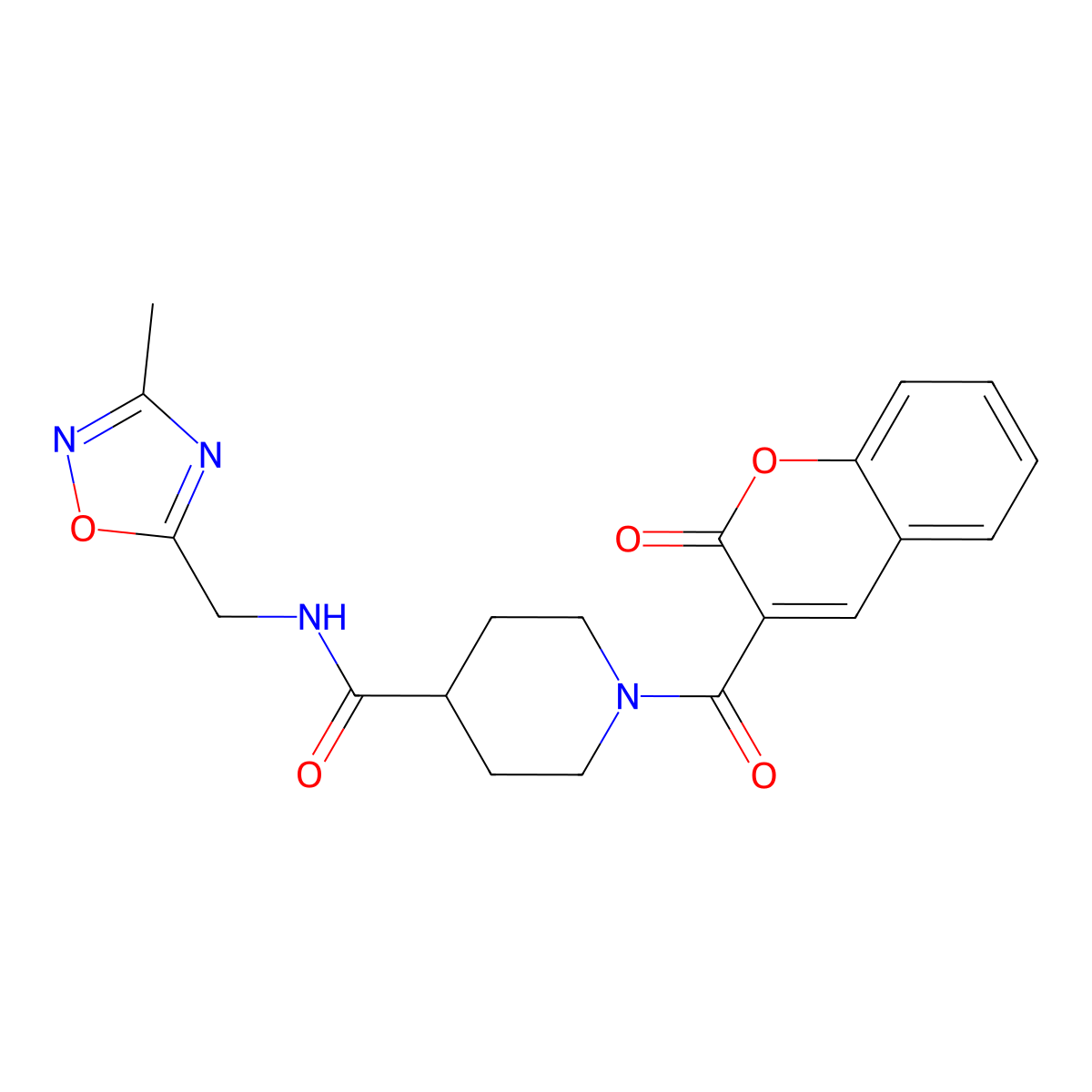 N-((3-methyl-1,2,4-oxadiazol-5-yl)methyl)-1-(2-oxo-2H-chromene-3-carbonyl)piperidine-4-carboxamide molecular structure, CAS 1334374-90-1