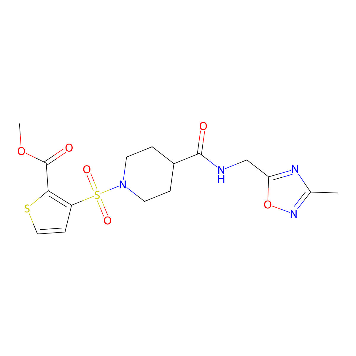 Methyl 3-[(4-{[(3-methyl-1,2,4-oxadiazol-5-yl)methyl]carbamoyl}piperidin-1-yl)sulfonyl]thiophene-2-carboxylate molecular structure, CAS 1334374-96-7