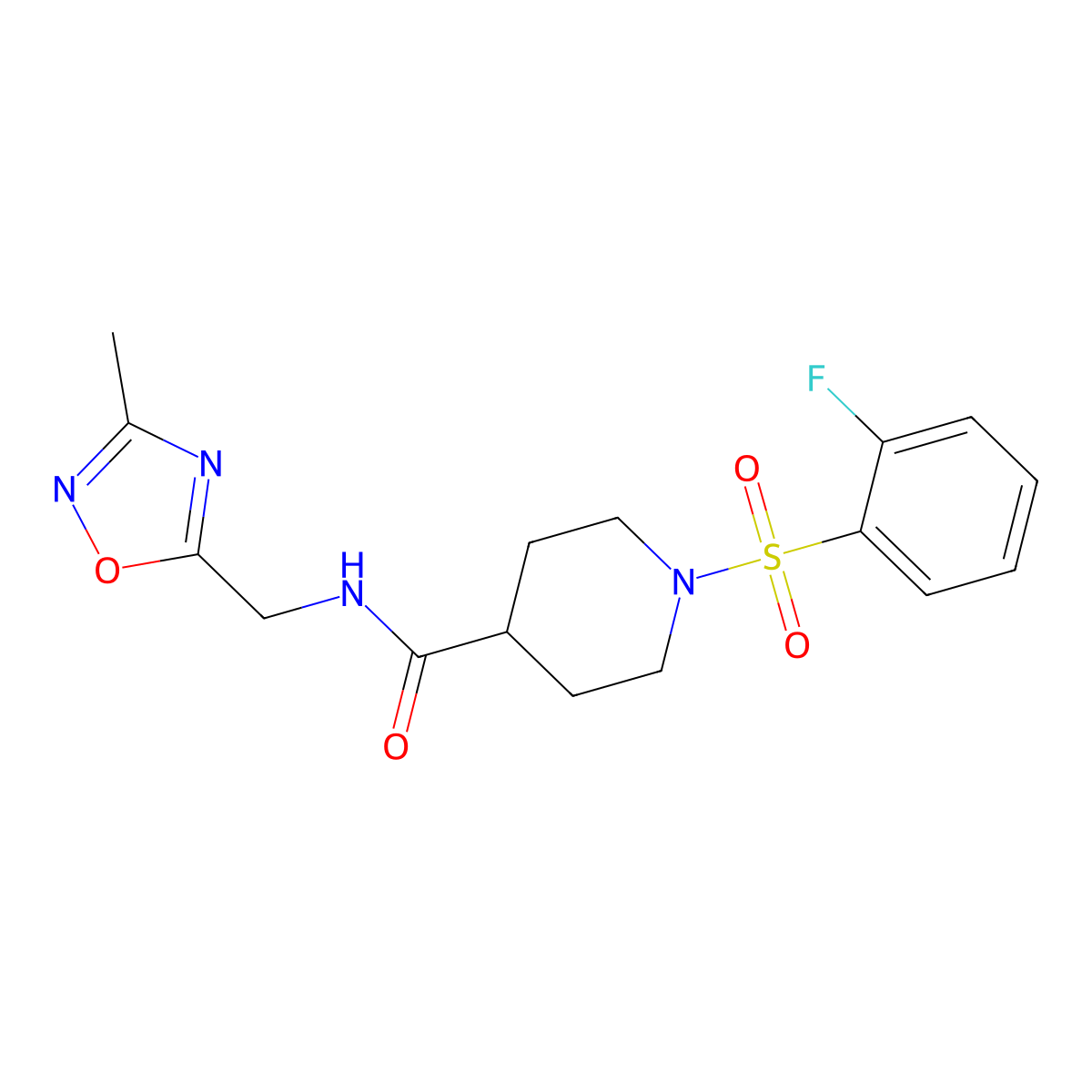1-((2-fluorophenyl)sulfonyl)-N-((3-methyl-1,2,4-oxadiazol-5-yl)methyl)piperidine-4-carboxamide molecular structure, CAS 1334375-08-4