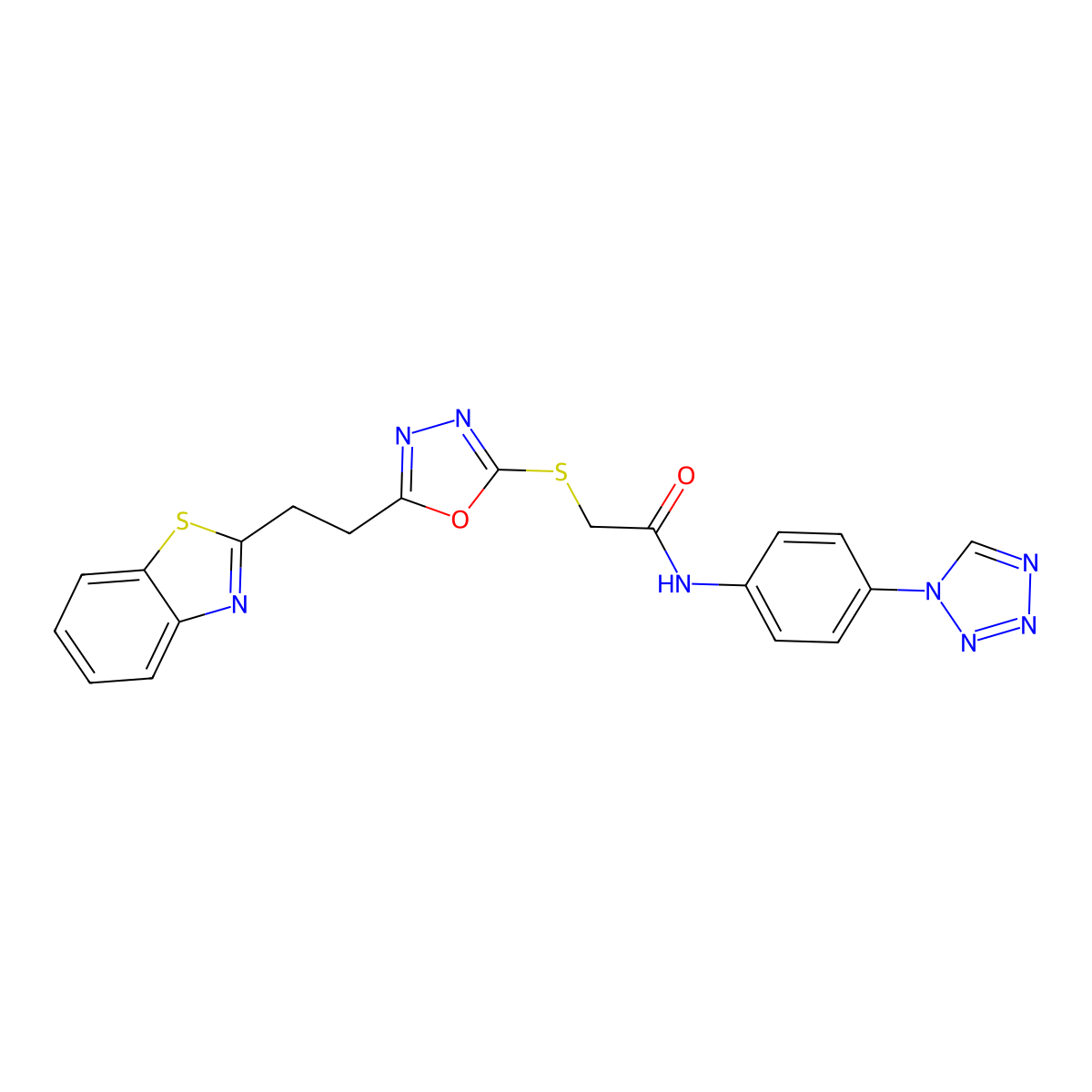 N-(4-(1H-tetrazol-1-yl)phenyl)-2-((5-(2-(benzo[d]thiazol-2-yl)ethyl)-1,3,4-oxadiazol-2-yl)thio)acetamide molecular structure, CAS 1334375-10-8