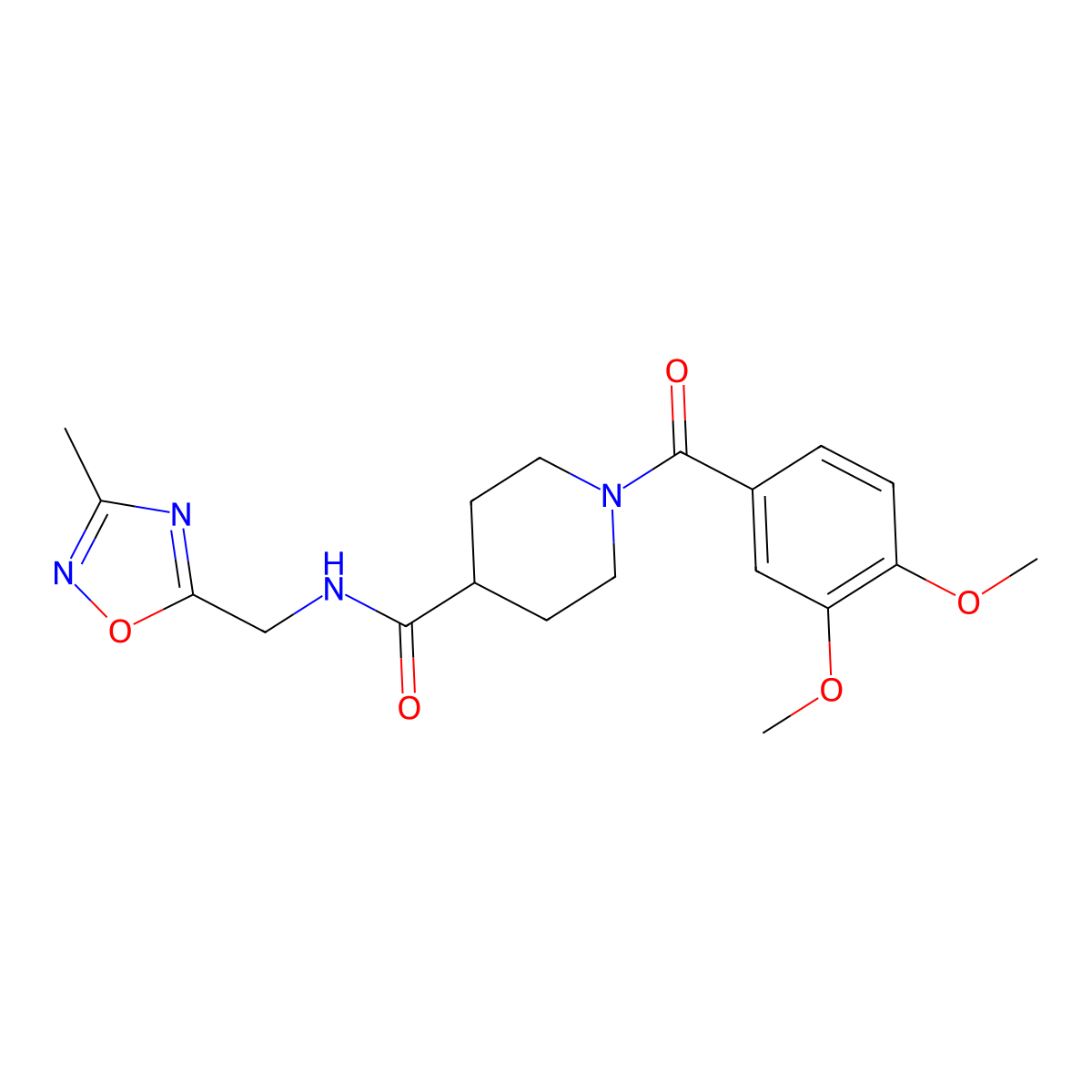 1-(3,4-dimethoxybenzoyl)-N-[(3-methyl-1,2,4-oxadiazol-5-yl)methyl]piperidine-4-carboxamide molecular structure, CAS 1334375-20-0