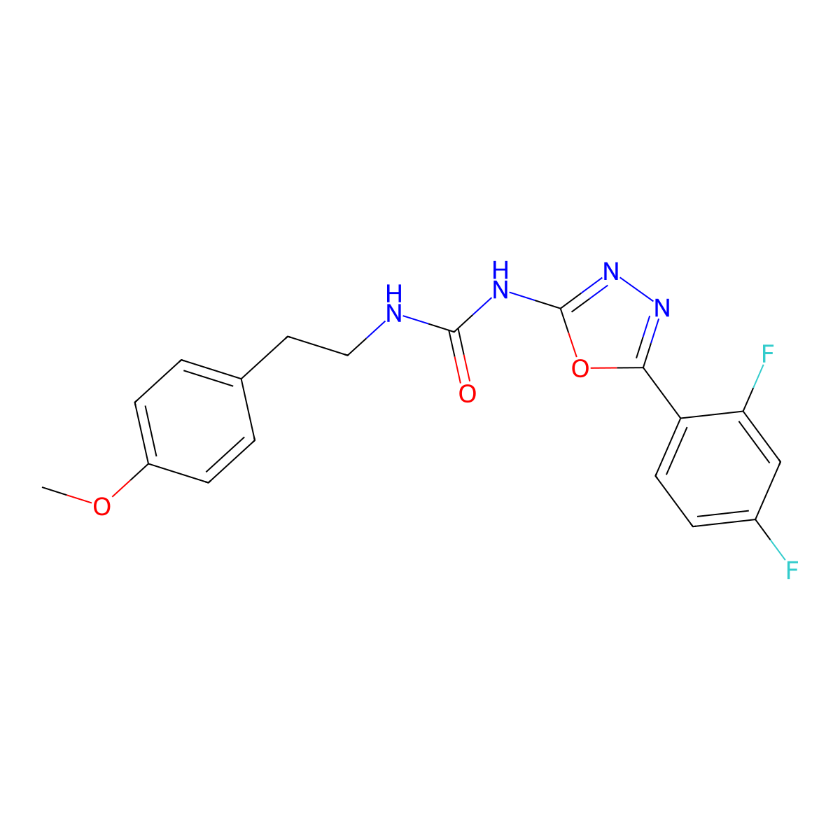 1-(5-(2,4-Difluorophenyl)-1,3,4-oxadiazol-2-yl)-3-(4-methoxyphenethyl)urea molecular structure, CAS 1334375-21-1