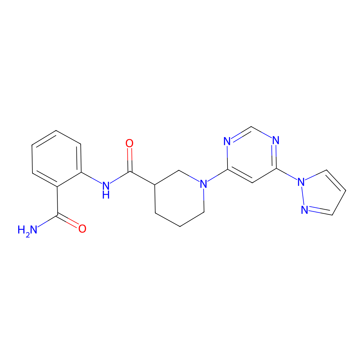 1-(6-(1H-pyrazol-1-yl)pyrimidin-4-yl)-N-(2-carbamoylphenyl)piperidine-3-carboxamide molecular structure, CAS 1334375-22-2