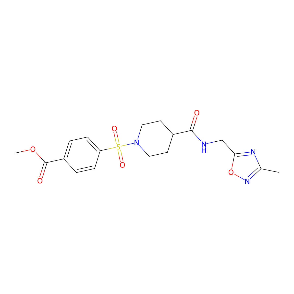 Methyl 4-((4-(((3-methyl-1,2,4-oxadiazol-5-yl)methyl)carbamoyl)piperidin-1-yl)sulfonyl)benzoate molecular structure, CAS 1334375-25-5