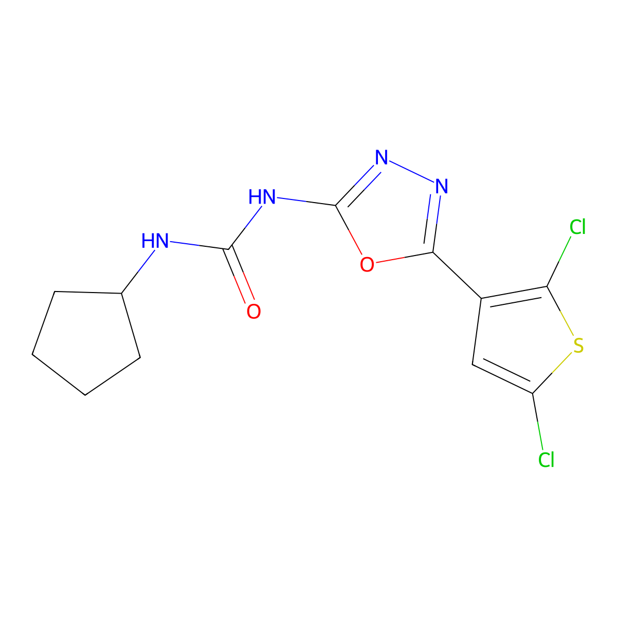 1-Cyclopentyl-3-[5-(2,5-dichlorothiophen-3-yl)-1,3,4-oxadiazol-2-yl]urea molecular structure, CAS 1334375-28-8