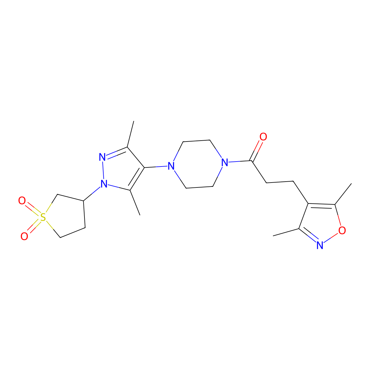 3-(3,5-dimethylisoxazol-4-yl)-1-(4-(1-(1,1-dioxidotetrahydrothiophen-3-yl)-3,5-dimethyl-1H-pyrazol-4-yl)piperazin-1-yl)propan-1-one molecular structure, CAS 1334375-40-4