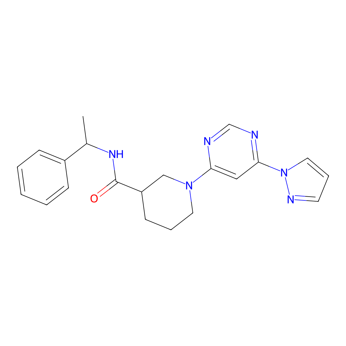 1-(6-(1H-pyrazol-1-yl)pyrimidin-4-yl)-N-(1-phenylethyl)piperidine-3-carboxamide molecular structure, CAS 1334375-45-9